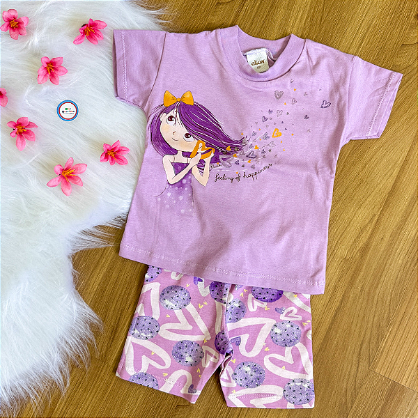Conjunto Blusa Manga Curta Corações Lilás e Bermuda Ciclista Estampada Lilás Com Glitter Menina Tamanho 2