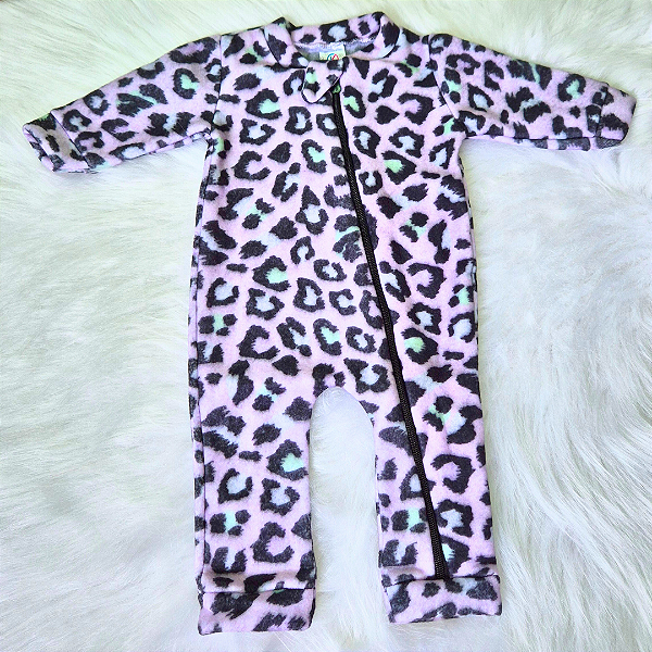 Macacão Soft Longo Com Zíper Veste Fácil Bebê Menina Oncinha Lilás