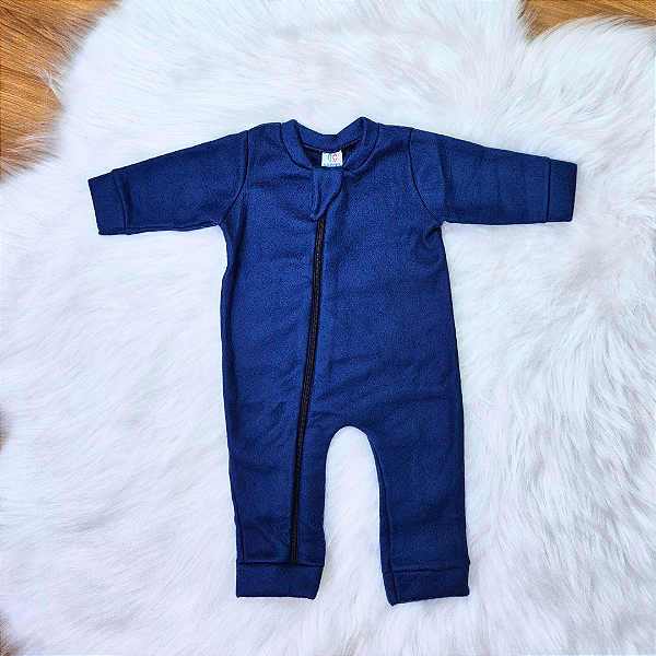 Macacão Soft Longo Com Zíper Veste Fácil Bebê Unissex Azul Marinho