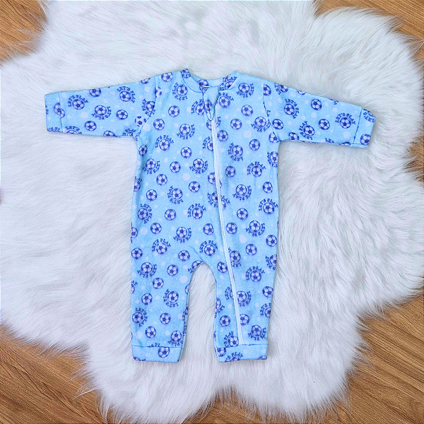 Macacão Soft Longo Com Zíper Veste Fácil Bebê Menino Bolas de Futebol Azul Tam G