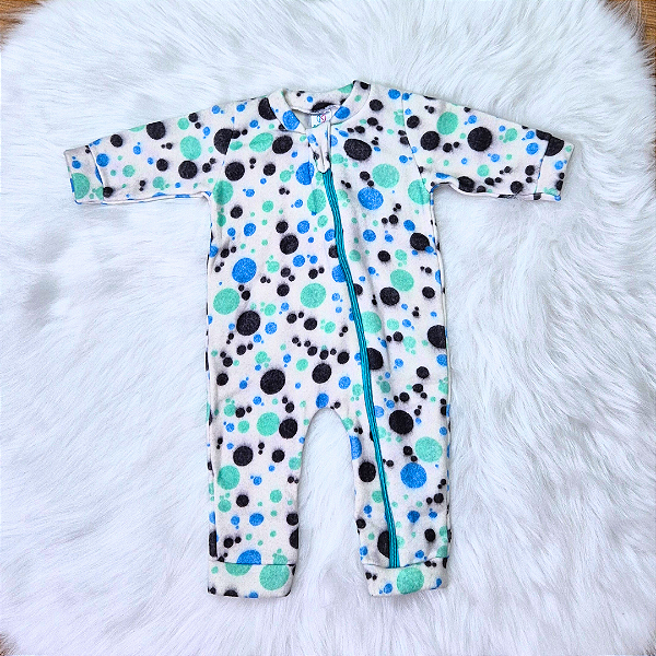 Macacão Soft Longo Com Zíper Veste Fácil Bebê Unissex Bolinhas Cinza Tam M
