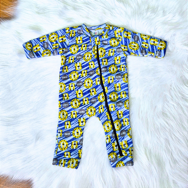 Macacão Soft Longo Com Zíper Veste Fácil Bebê Menino Leãozinho Azul Tam P