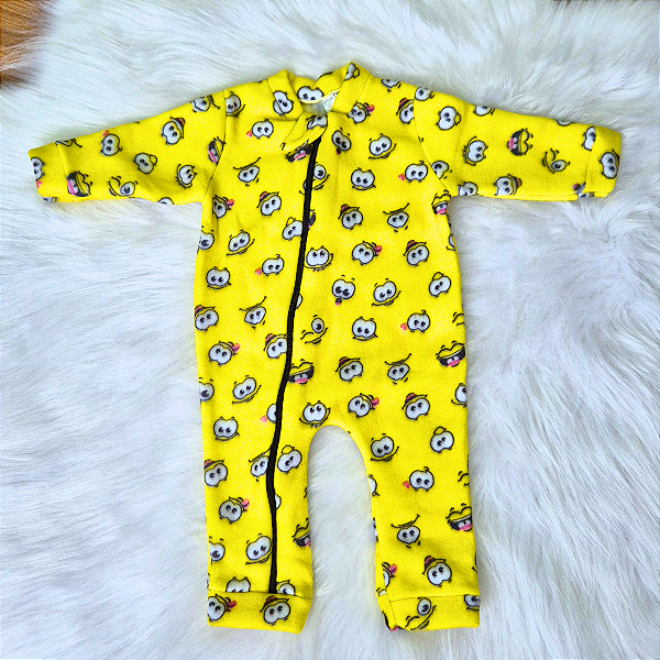 Macacão Soft Longo Com Zíper Veste Fácil Bebê Menina Carinhas Amarelo Tam M
