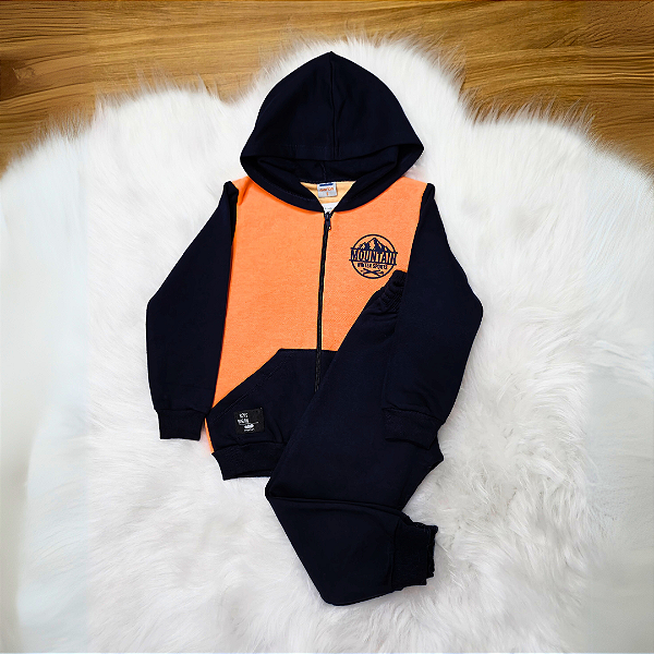 Conjunto Moletom Flanelado Marlan Blusão Com Zíper e Capuz Azul Marinho e Laranja Menino Tam 3