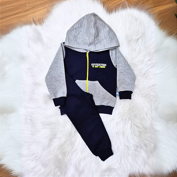 Conjunto Moletom Flanelado Marlan Blusão Com Zíper e Capuz Azul Marinho e Cinza Menino Tam 1
