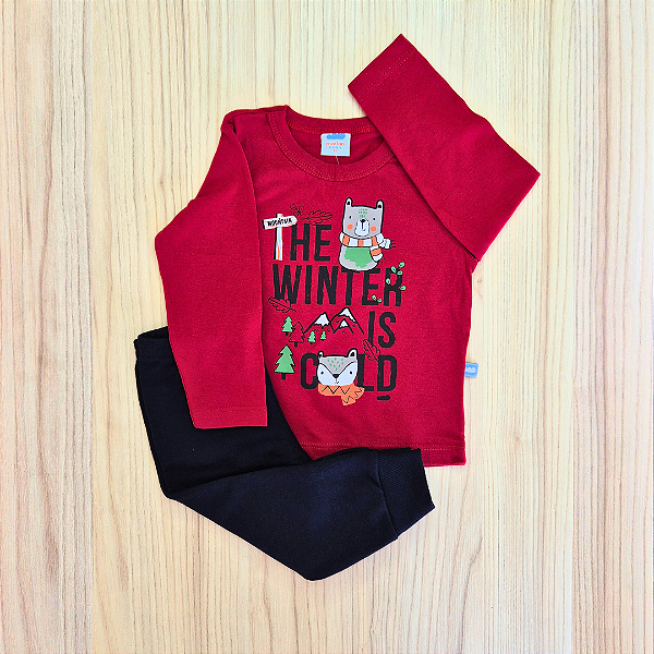 Conjunto Marlan Baby Camiseta Manga Longa Estampada Vermelha Calça Moletinho Preta Menino Tam M