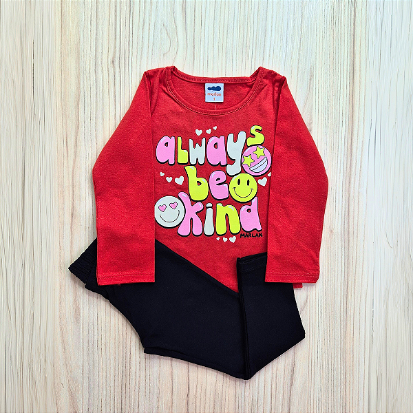 Conjunto Meia Estação Marlan Camiseta Manga Longa Vermelha Calça Legging Preta Menina Tam 1