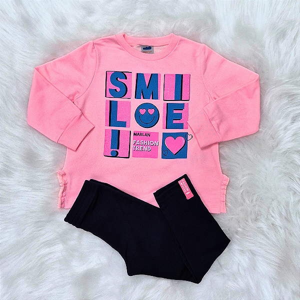 Conjunto Moletom Flanelado Marlan Estampado Rosa e Azul Marinho Menina Tam 2
