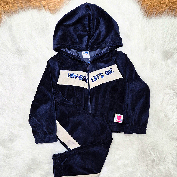 Conjunto Plush Capuz Marlan Bordado com Paetês Azul Marinho Menina Tam 2