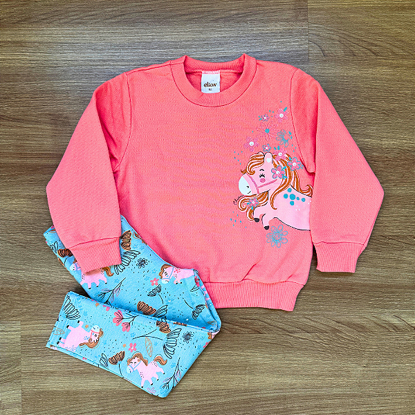 Conjunto Moletom Flanelado Elian Blusão e Legging Salmão com Verde Menina Tam 2