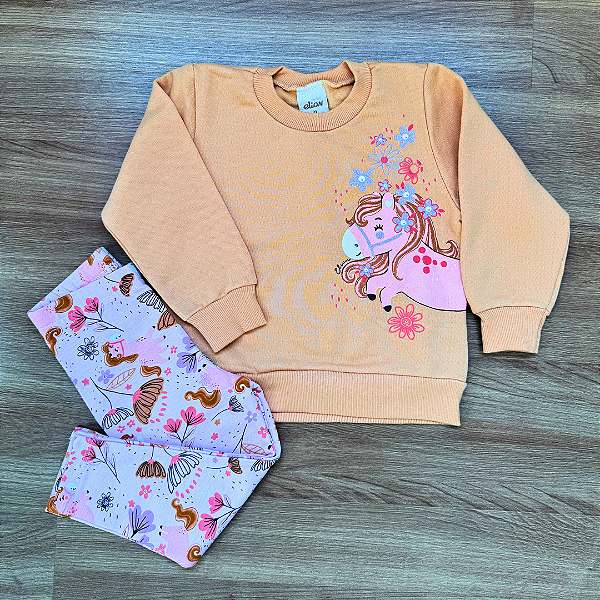 Conjunto Moletom Flanelado Elian Blusão e Legging Caramelo com Rosa Menina Tam 1