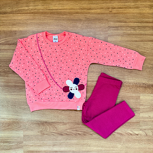 Conjunto Moletom Flanelado Elian Blusão Salmão e Legging Pink Menina Tam 3