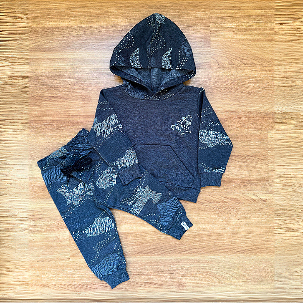 Conjunto Moletom Flanelado Elian Blusão com Touca e Bolso Chumbo Menino Tam 1