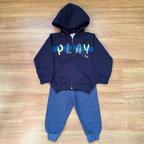 Conjunto Moletom Flanelado Elian Blusão com Touca e Zíper Azul Marinho Menino Tam 1