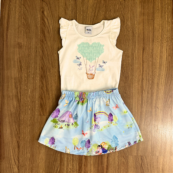 Conjunto Elian Blusa Off White e Saia-Shorts Estampada Azul Tam 3