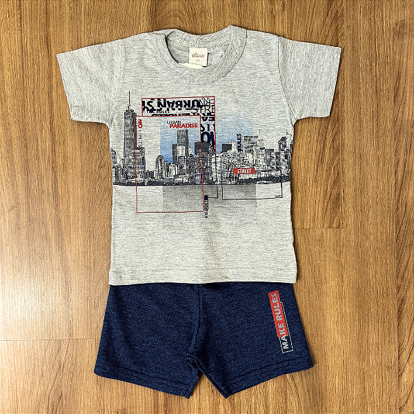Conjunto Elian Camiseta Estampada Cinza e Shorts Azul Marinho Tam 1