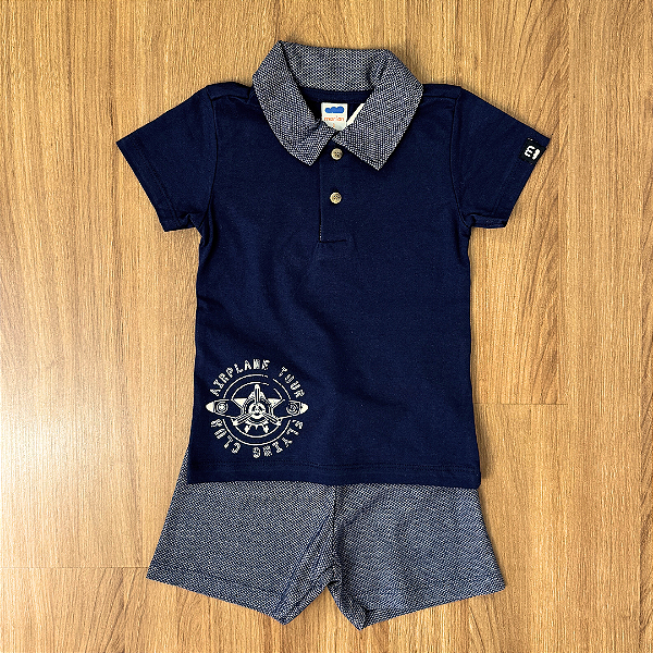 Conjunto Marlan Camiseta Polo Azul Marinho e Shorts Moletinho Quadriculado Cinza Tam 1