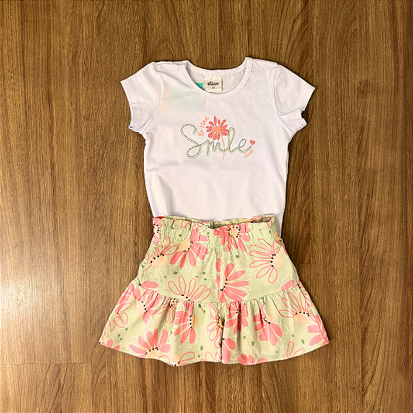 Conjunto Elian Blusa Branca e Shorts Estampado Verde Tam 2