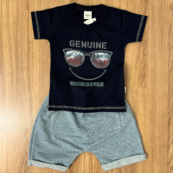 Conjunto Elian Camiseta Estampada Preta e Shorts Moletinho Listrado Verde Tam 2
