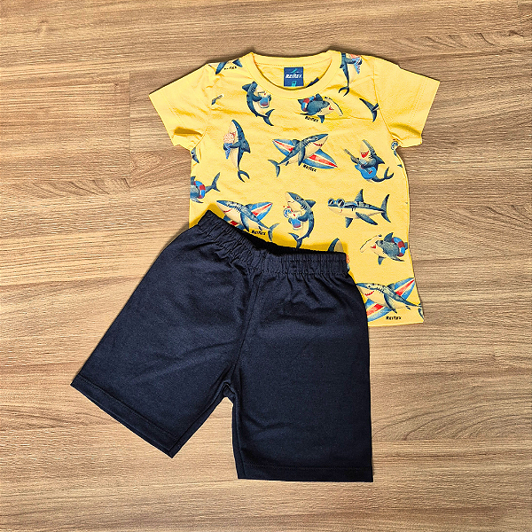 Conjunto Infantil ReiRex – Camiseta Amarela Estampada e Bermuda Preta
