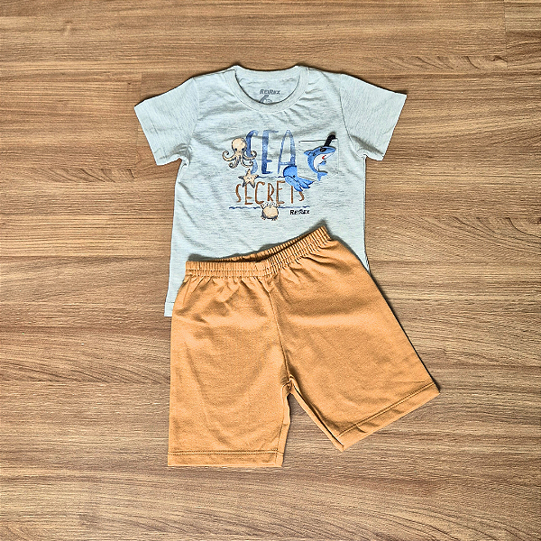 Conjunto Infantil ReiRex – Camiseta Cinza Mescla Estampada Interativa e Bermuda Caramelo - Tam 2.
