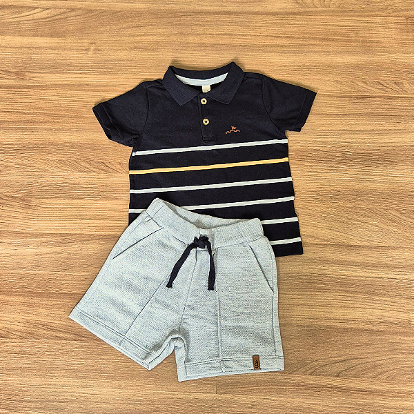 Conjunto Infantil Glinny – Camiseta Polo Preta Listrada e Bermuda Cinza - Tam 1.
