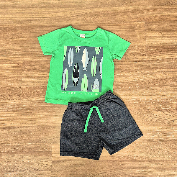 Conjunto Infantil Boca Grande – Camiseta Verde Estampada e Bermuda Cinza - Tam 1.