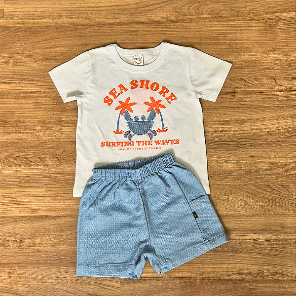 Conjunto Infantil Boca Grande – Camiseta Branca Estampada Bordada e Bermuda Azul - Tam 1.