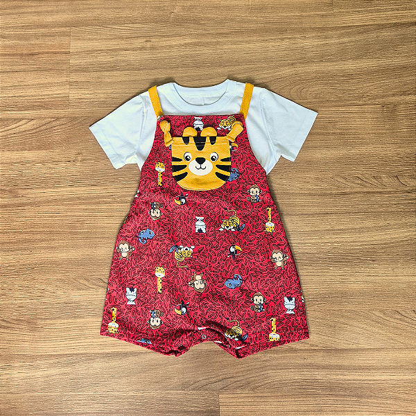 Conjunto Infantil Boca Grande – Camiseta Branca Lisa e Jardineira Estampada Vermelha - Tam 3.