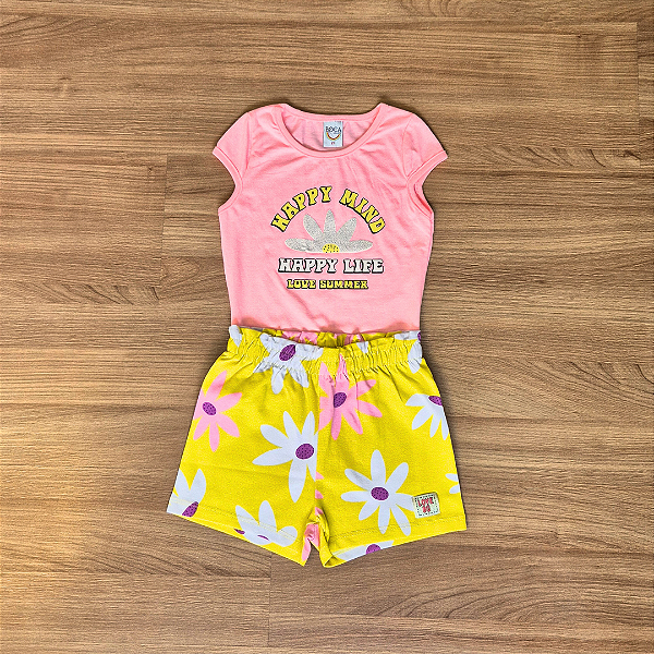 Conjunto Infantil Boca Grande – Blusa Estampada Rosa com Brilho e Shorts Estampado Amarelo - Tam 2.