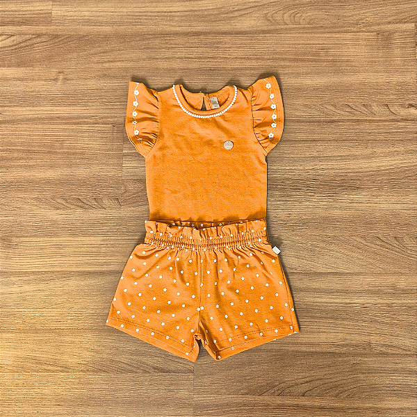 Conjunto Infantil Glinny Laranja – Blusa Lisa e Shorts Estampado - Tam 2.