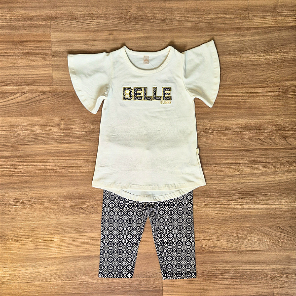 Conjunto Infantil Glinny – Blusa Off White Bordada e Calça Corsário Estampada Azul Marinho - Tam 3.