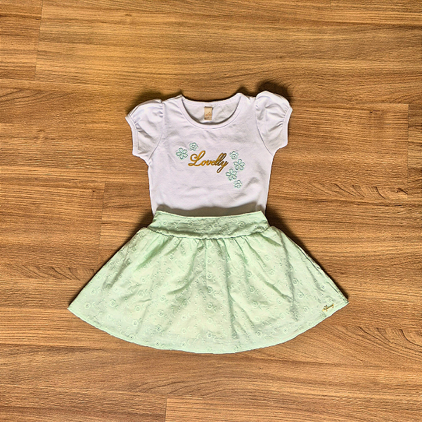 Conjunto Infantil Glinny – Blusa Estampada Branca com Brilho e Saia de Lese Verde Água - Tam 1.