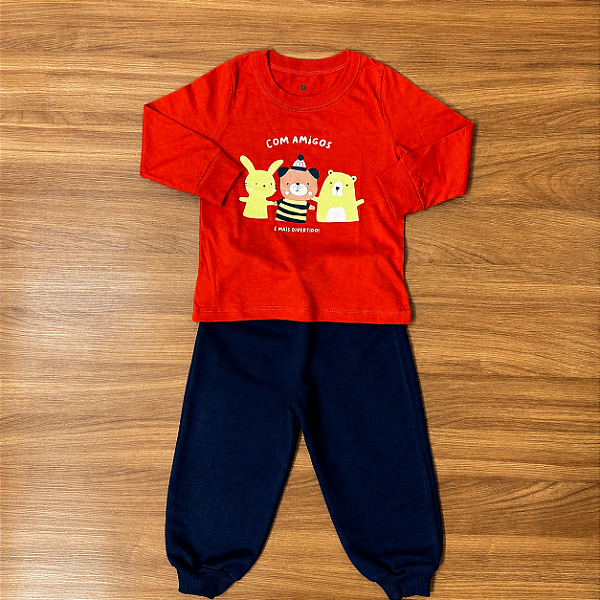 Conjunto Meia Estação Menino Malwee Kids Camiseta ML Estampada Terracota Calça Moletinho Azul Marinho