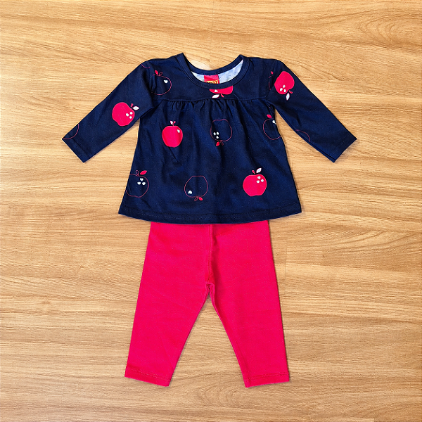 Conjunto Meia Estação Kyly Blusa ML Estampada Azul Marinho Calça Legging Vermelha Tam M