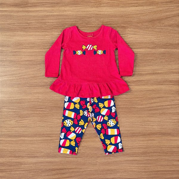 Conjunto Meia Estação Menina Kyly Blusa ML Estampada Vermelha Calça Estampada Azul Marinho Tam M