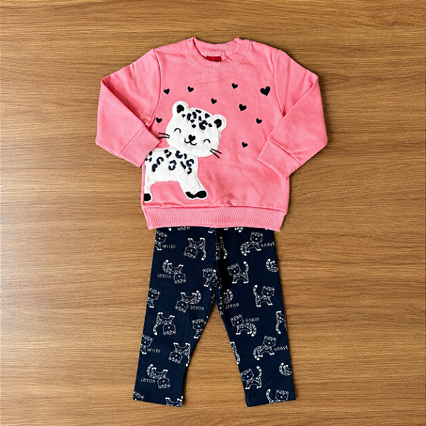 Conjunto Moletom Kyly Blusão ML Rosa Estampa Peluciada Calça Legging Estampada Azul Marinho Tam 1
