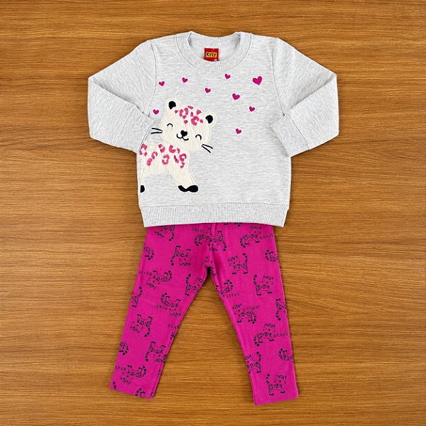 Conjunto Moletom Kyly Blusão ML Cinza Estampa Peluciada Calça Legging Estampada Pink