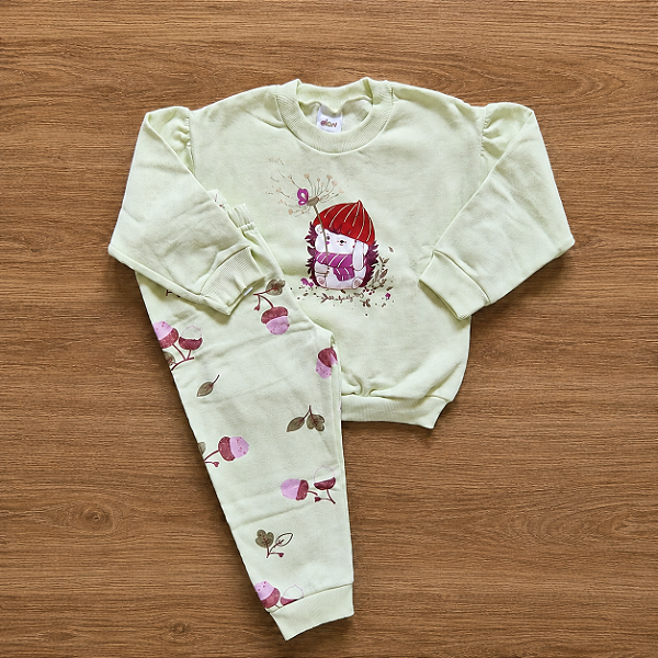 Conjunto Moletom Elian Verde Água Blusão Estampado ML Princesa E Calça Estampada Com Punhos