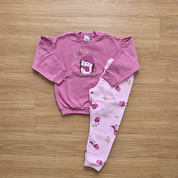 Conjunto Moletom Elian Blusão Roxo Estampado ML Princesa E Calça Estampada Com Punhos Rosa Tam 3