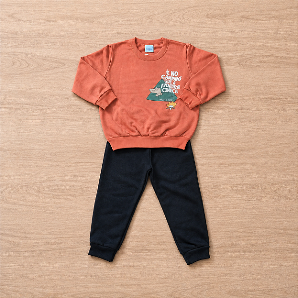 Conjunto Moletom Flanelado Malwee Kids Menino Blusão Estampa ML Terracota e Calça Preta Tam 2