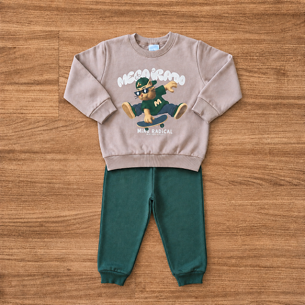 Conjunto Moletom Flanelado Malwee Kids Menino Blusão Estampado ML Cinza e Calça Verde Com Punhos