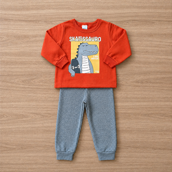 Conjunto Moletom Flanelado Malwee Kids Menino Blusão Estampado ML Terracota e Calça Cinza Mescla