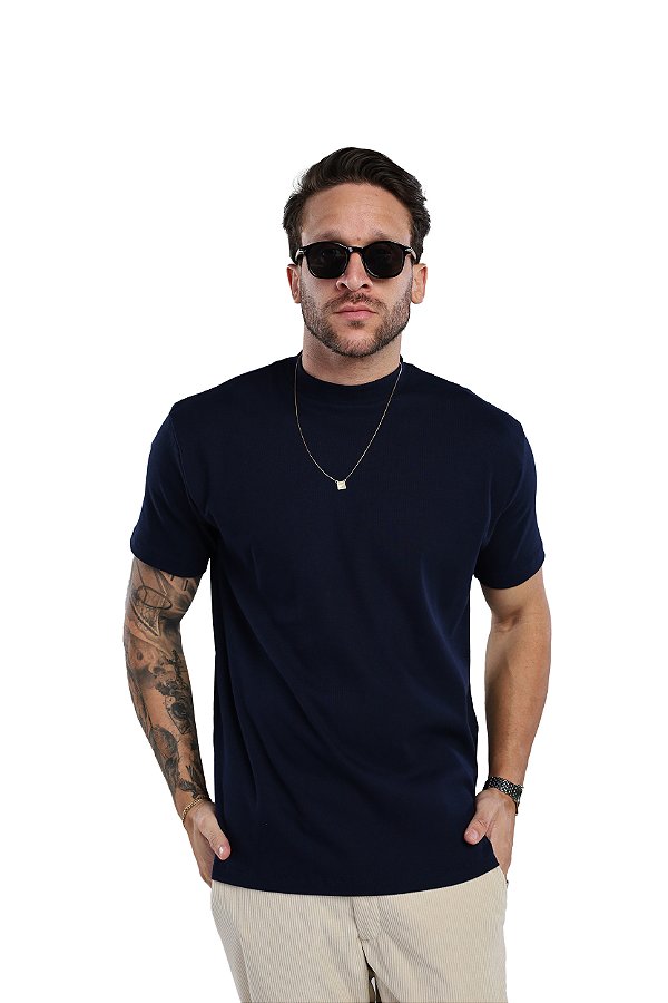 Camiseta Gola Alta Canelada Marinho