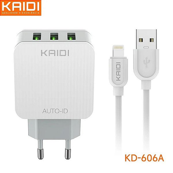 Kaidi Carregador Iphone Turbo 3.1A com 3 Portas USB e Cabo Lightning KD-606A Compatível com Iphone do 5 ao 14 Pro Max