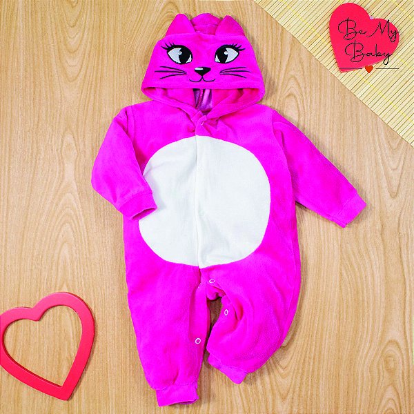 Macacão Temático Longo em Plush para Bebê - Gatinha Pink