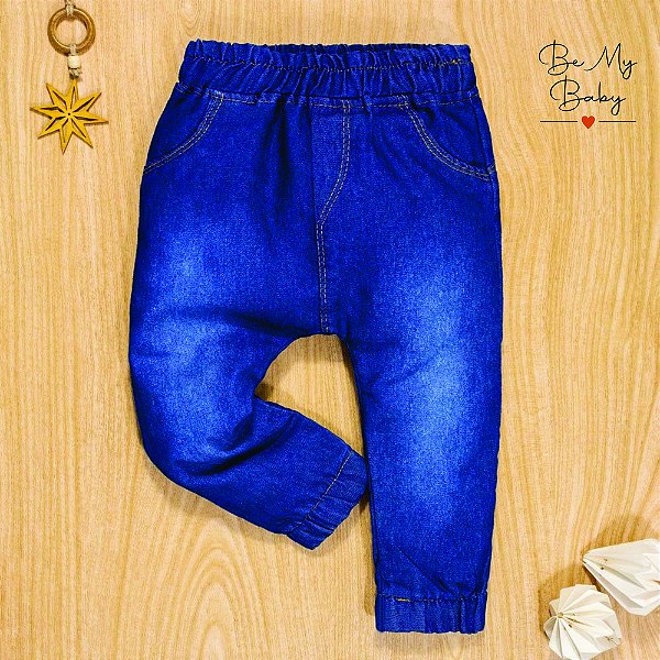 Calça Jeans  para Bebê Jogger Bolsinho Bordado Azul Escuro