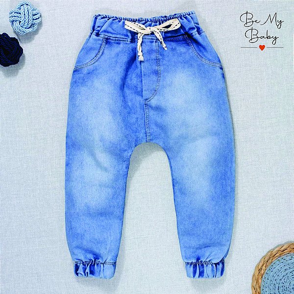 Calça Jeans para Bebê Jogger Cordão Tracejado Azul Claro