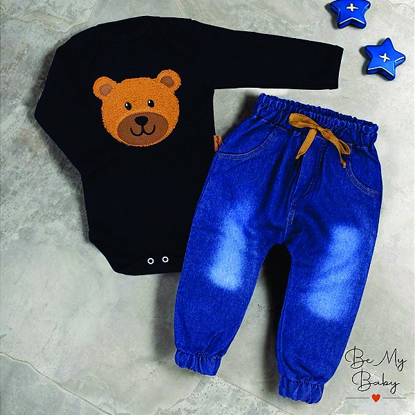Conjunto Bebê Urso Charmoso Body Preto Bordado E Calça Jeans