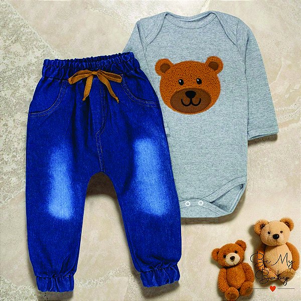 Conjunto Para Bebê Urso Body Bordado Mescla E Calça Jeans